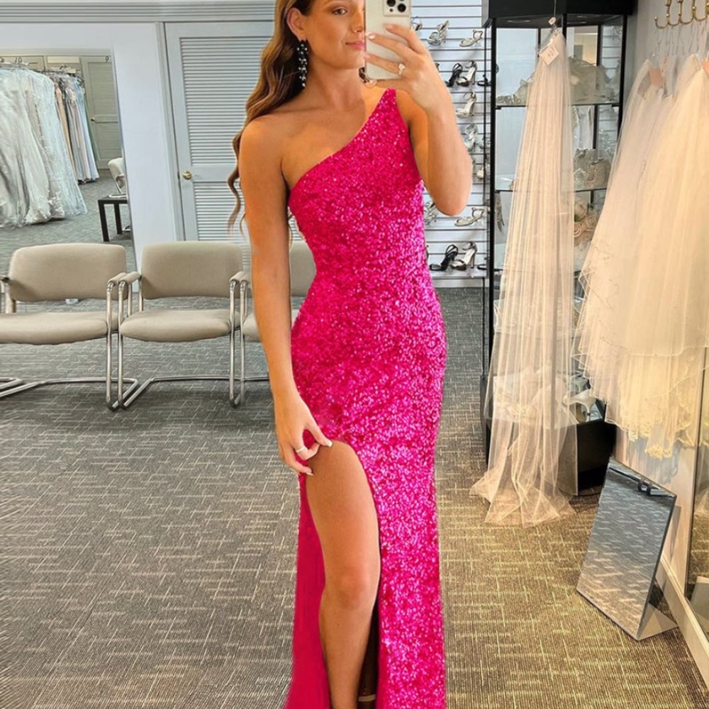 Mermaid Glitter One-Shoulder Backless Prom Dress With Sequins (Hot Pink) Size 2